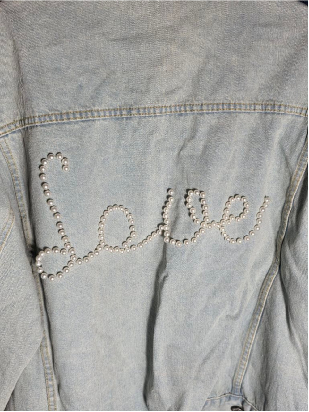 Women's POL Light Blue Jean Jacket with Pearl "Love" Detail, Size L wedding